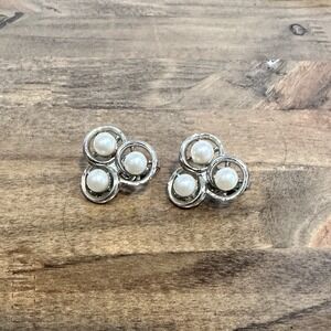 Vintage Signed Trifari Crown Faux Pearl Silver Tone ClipOn Earrings